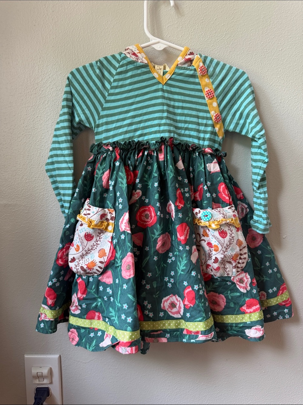 Kids Green Floral Stripe Hooded Dress with Pockets